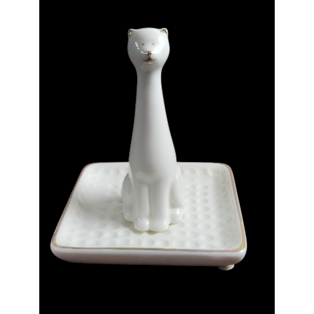Elegant White Cat Figurine Jewelry Holder